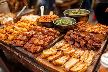 Tasty Mexican Street Food With Grilled Meats, Veggies, and Snacks at a Local Market