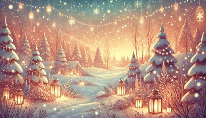 Fototapeta premium magical winter solstice celebration in a peaceful snow-covered landscape with glowing lanterns and a dreamy atmosphere