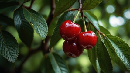 Fototapeta premium realistic illustration of red cherries on a tree ready to be picked