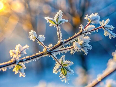 Delicate, intricate, and whimsical, a lone twiggy branch stretches towards the sky, adorned with tiny leaves and a sprinkling of frost, epitomizing winter's subtle beauty.