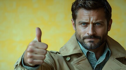 Confident Man in Trench Coat Giving Thumbs Up