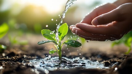 A hand watering a young plant, symbolizing growth and care.