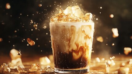 A refreshing iced coffee drink with ice cubes and creamy swirls.