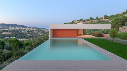 Fototapeta premium Modern villa with infinity pool overlooking lush hills during sunset in a serene landscape