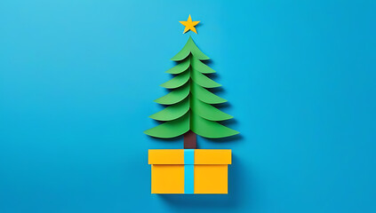 creative christmas tree design made gift box holiday decorations blue background flat lay style