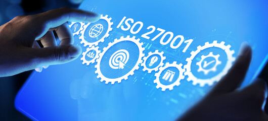 ISO 27001 Standard certification standardisation quality control concept on screen.