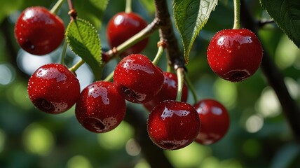 Obraz premium realistic illustration of red cherries on a tree ready to be picked