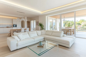 Fototapeta premium Bright modern living space with large white sectional, open kitchen, and glass doors leading to an outdoor patio, creating a spacious and airy atmosphere