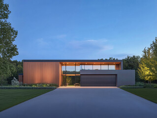Fototapeta premium Modern residential house with large windows and warm lighting at dusk surrounded by greenery