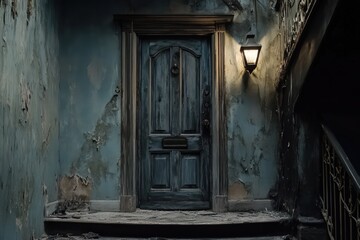 A haunted mansion with a creaky, old door. 