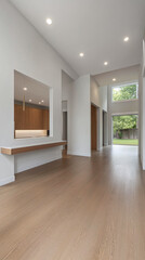 Modern open-concept living space with natural light and wooden accents in a contemporary home