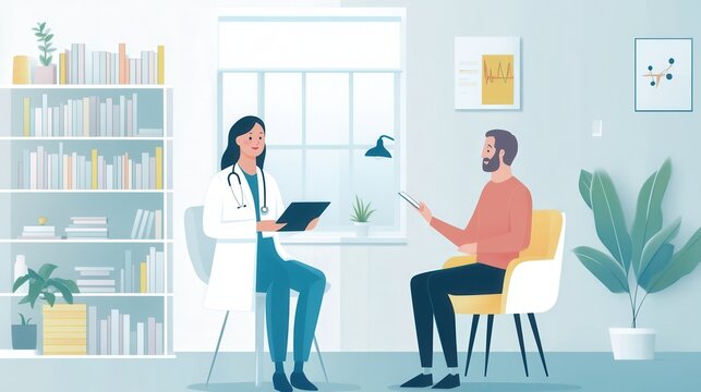 A doctor explains a diagnosis to a patient while sitting in a well-lit consultation room with medical documents. Generative AI