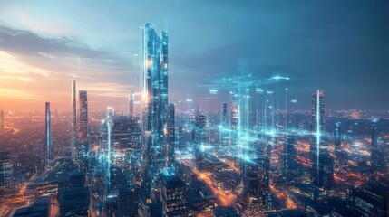 Futuristic city skyline with digital overlays and glowing lights.