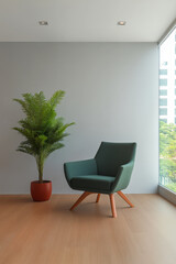 Fototapeta premium Cozy green chair beside a potted plant in a modern indoor living space with natural light