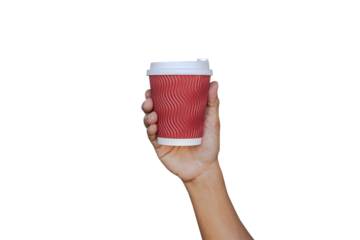 Mockup of a man's hand holding a red paper coffee cup. PNG