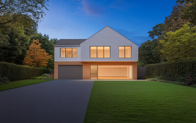 Fototapeta premium Modern house exterior at twilight with lush greenery and warm interior lights in peaceful setting