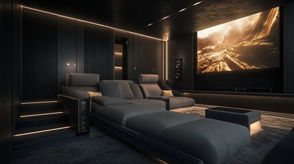 Modern home theater with plush seating and large screen.