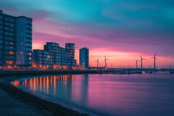 Fototapeta premium A scenic view of modern buildings along a tranquil waterfront. The sunset paints the sky in vibrant hues. Wind turbines stand tall in the distance. Generative AI