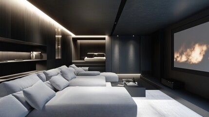 Fototapeta premium Modern living room with cozy seating and large screen for entertainment.