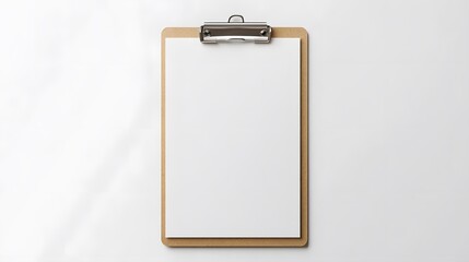 Blank clipboard writing board on pristine white surface, ideal for notes, sketches, or presentations, versatile and minimalist design