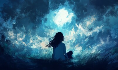 Obraz premium A woman sits alone, gazing at the moon.