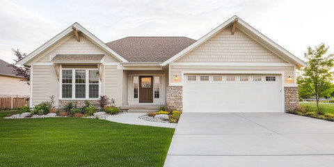 Charming suburban home with manicured lawn and inviting entrance at sunset