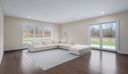 Fototapeta premium Spacious modern living room with large windows and comfortable sectional sofa in daylight