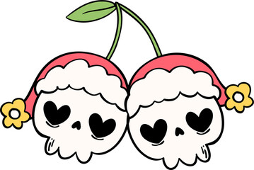 Groovy Retro Christmas Halloween skull cherry doodle