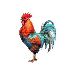 Fototapeta premium Rooster with red comb, blue wings, yellow beak, and smiling; perfect for children's books, farm animal illustrations, or greeting cards. Generative AI