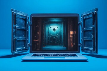Fototapeta premium Laptop computer display and bank vault on blue background, Generative AI