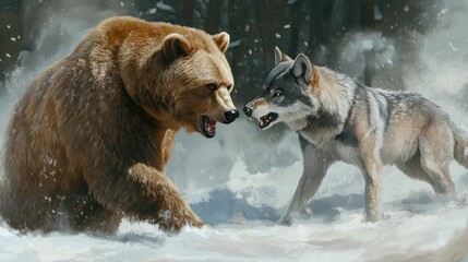 Obraz premium A Grizzly Bear and a Wolf Facing Each Other in a Snowy Forest