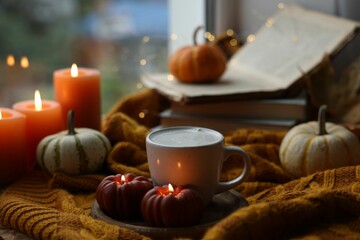 Cup of coffee, burning pumpkin shaped candles and soft sweater on table. Autumn atmosphere