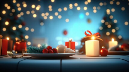 Beautifully decorated Christmas table setting with glowing candles holiday garlands wrapped gifts and a blurred bokeh background  Cozy and inviting atmosphere for a special holiday or dinner party
