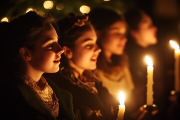A group of carolers singing by candlelight. 