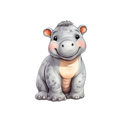 Naklejka premium The hippo kid, with its large eyes, is sitting comfortably and smiling. Perfect for children's books, educational materials, and unique designs. Generative AI