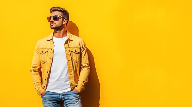 A young man in a yellow denim jacket and sunglasses poses against a bright yellow background.