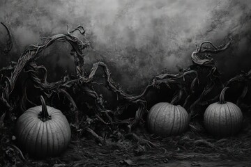 A sinister pumpkin patch with twisted vines. 