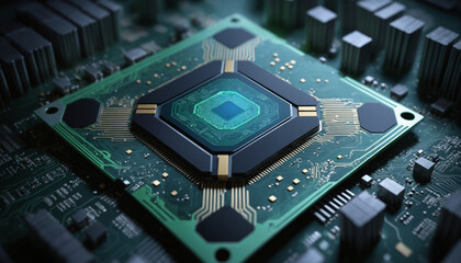 Fototapeta premium High-Resolution Close-Up of a Modern Microprocessor on a Green Circuit Board