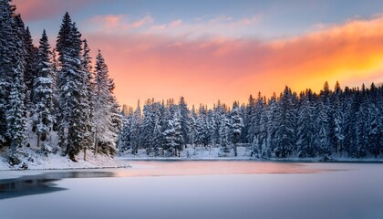 Fototapeta premium Frozen lake in snowy forest at sunset, pink and orange sky, winter nature