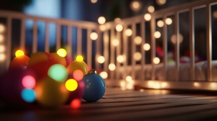 Cozy and inviting winter wonderland scene with twinkling fairy lights and string lights decorating a wooden porch balcony or deck  The glowing blurred