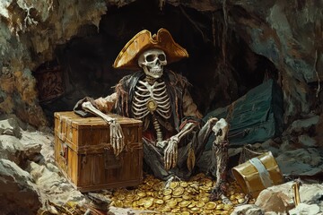 Obraz premium A skeleton pirate guarding a hidden treasure chest.