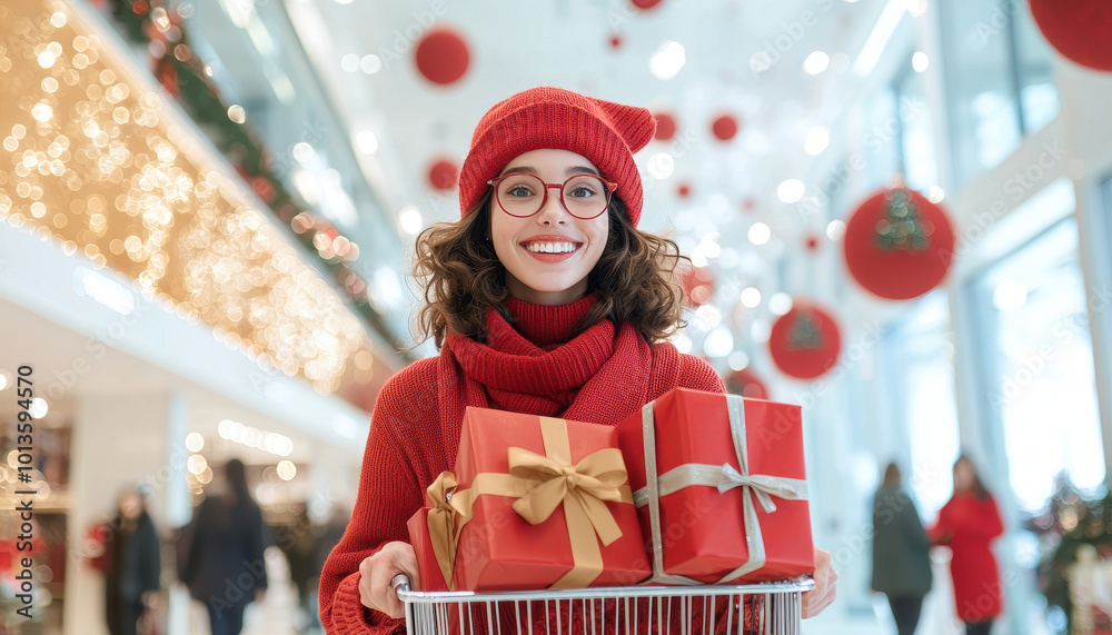 Wall mural Smiling woman with gifts in festive setting