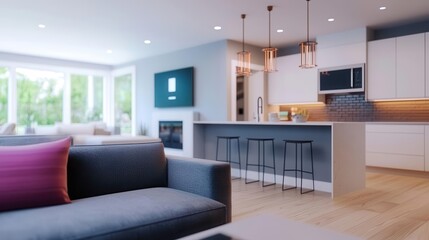 Fototapeta premium Modern living room and kitchen combination with elegant decor and natural light, featuring stylish furniture and inviting atmosphere.