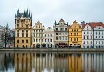 Fototapeta premium A scenic view of historical buildings along a river, reflecting their architecture.