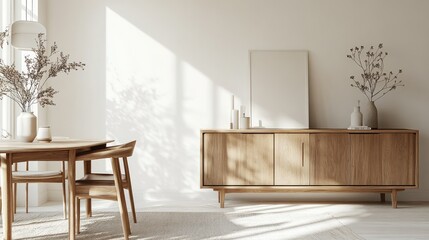 A serene interior featuring wooden furniture and minimalist decor.