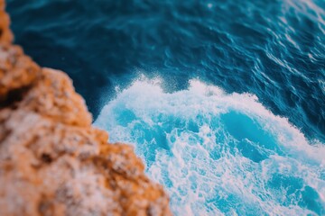 Fototapeta premium Dramatic and Powerful Crashing Ocean Waves Splashing Against Rugged Rocky Coastal Cliffs in a Stunning Turquoise Seascape Captivating Coastal Landscape with Fluid Motion Texture and Natural Beauty