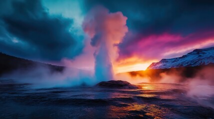 Dramatic and Powerful Geyser Eruption with Vibrant Colorful Clouds Fiery Sunset Sky and Majestic Mountain Landscape