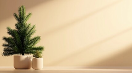 Elegant and minimalist Christmas tree in a cozy warm lit home interior setting  The simple natural design elements create a serene tranquil atmosphere perfect for the holiday season