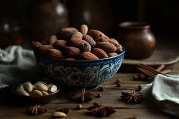 A beautifully arranged bowl of almonds captures the essence of rustic charm. Delicious nuts create a warm atmosphere in this cozy kitchen scene. Generative AI