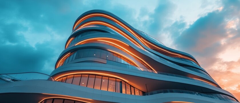 A tall building with a lot of windows and a curved design